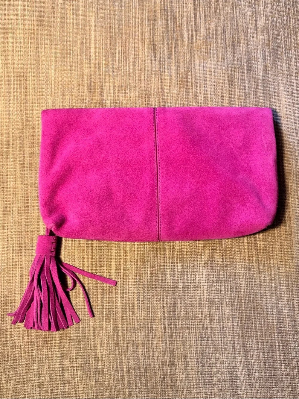 Fuchsia Suede Leather Foldover Tassel Clutch